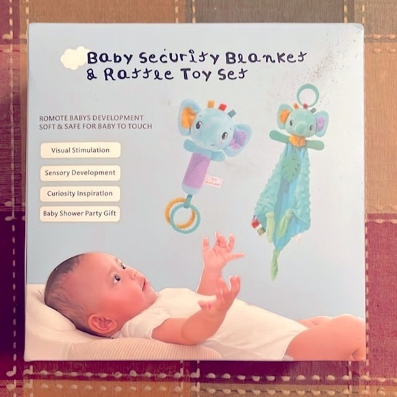 Brand New Baby Carseat Stroller Toy Security Blanket & Rattle Set Blue Elephant - Picture 4 of 13